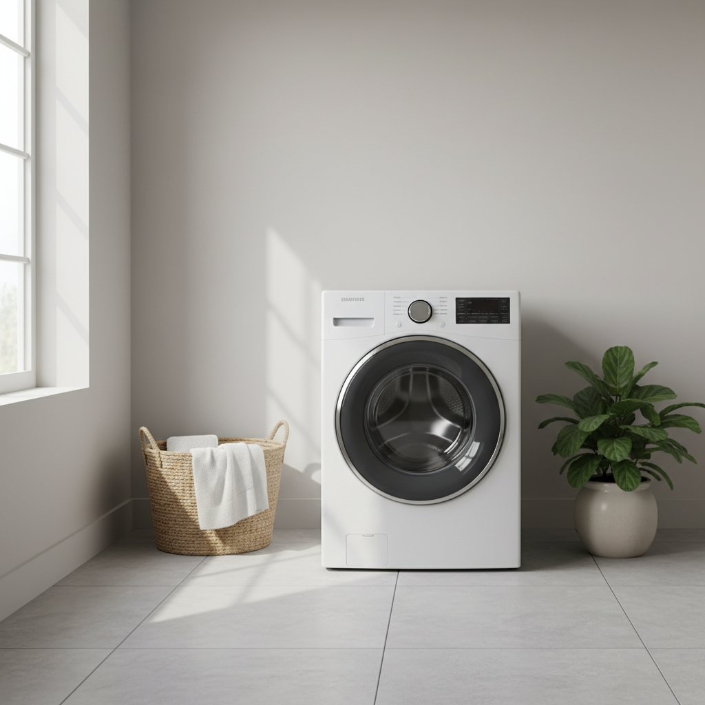 Jasne, nowoczesne pomieszczenie pralni z elegancką pralką ładowaną od frontu. W tle widać kosz z białymi ręcznikami i zieloną roślinę doniczkową, co tworzy wrażenie czystości i świeżości. Światło jest miękkie i naturalne.