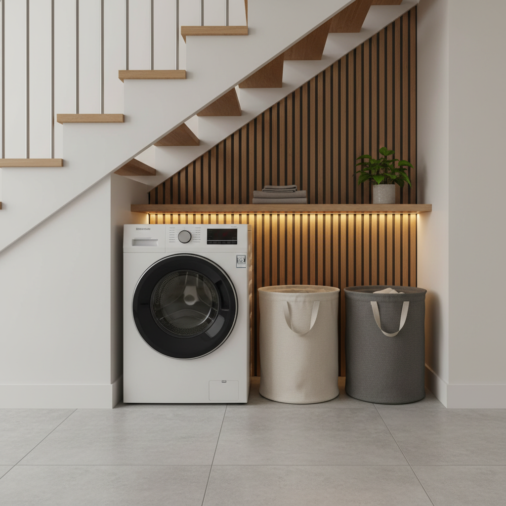 Niewielka, dobrze zagospodarowana wnęka pod schodami w nowoczesnym domu. Idealnie mieści się w niej kompaktowa pralka typu slim ładowana od frontu. Obok niej stoją dwa stylowe, płócienne kosze na pranie. Ściana za pralką wykończona jest ozdobnymi, drewnianymi lamelami.
