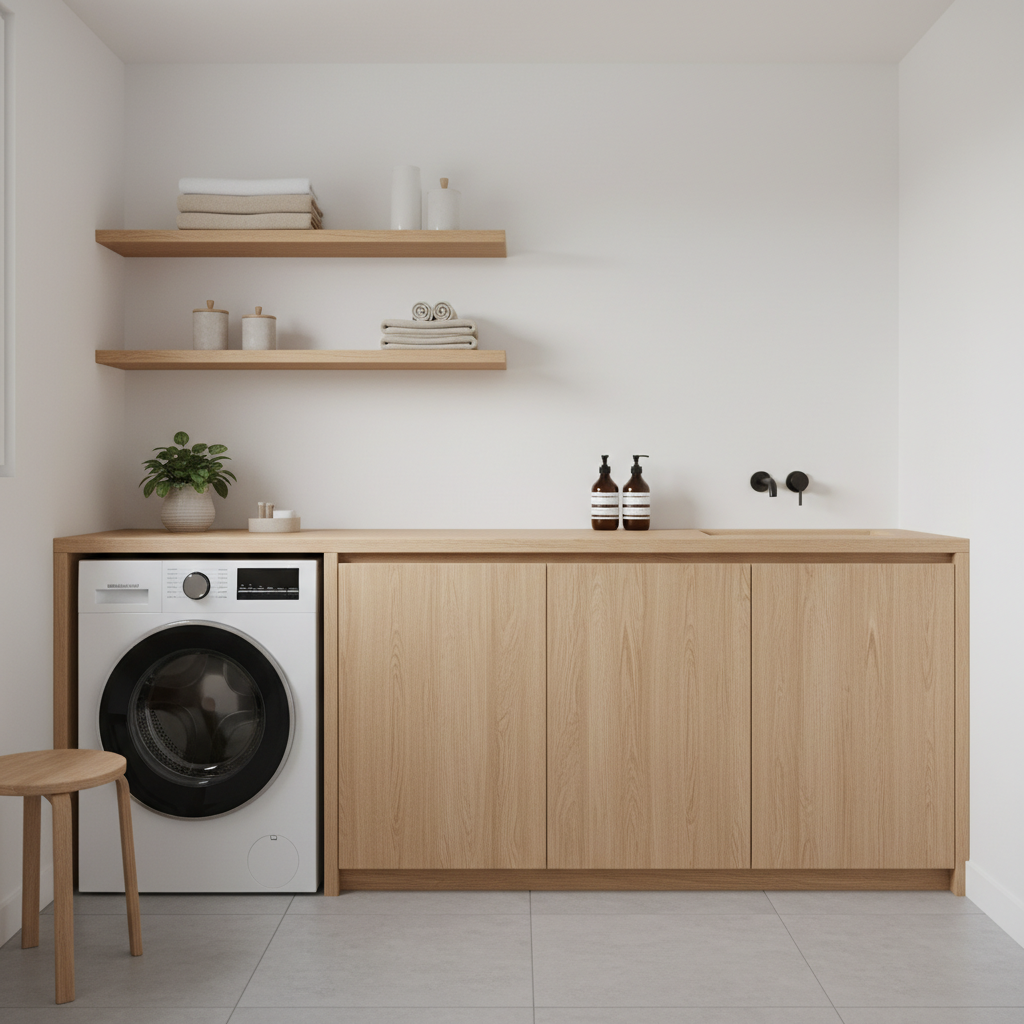 Minimalistyczna mała łazienka, w której pralka typu slim jest idealnie wkomponowana pod drewnianym blatem, który ciągnie się od ściany do ściany. Nad pralką i obok niej na blacie stoją ozdobne butelki z dozownikami i mała roślina. Na ścianie powyżej wiszą dwie proste, drewniane półki z ręcznikami i kosmetykami. Wnętrze jest utrzymane w bieli i drewnie, co tworzy ciepłą i przytulną atmosferę.
