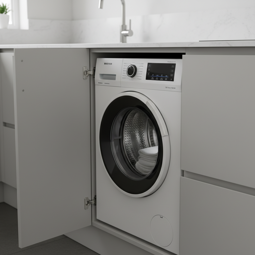 Zbliżenie na fragment nowoczesnej, minimalistycznej zabudowy kuchennej. Jedne drzwiczki są otwarte, ukazując w pełni zintegrowaną pralkę pod blatem. Widoczny jest bęben pralki oraz fragment panelu sterowania. Całość jest idealnie dopasowana do wnęki meblowej.