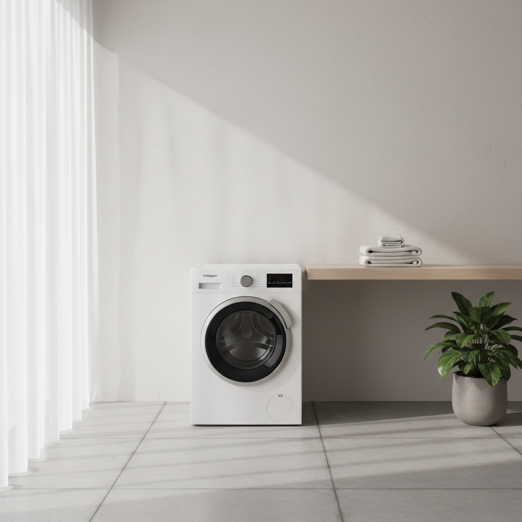 Pięknie zaaranżowana, minimalistyczna łazienka lub pralnia z dużą ilością naturalnego światła. W centrum znajduje się wolnostojąca pralko-suszarka Freggia WDIE14106. Obok na drewnianym blacie leżą starannie złożone, białe ręczniki, a w rogu stoi doniczka z zieloną rośliną. Całość tworzy wrażenie spokoju, czystości i nowoczesnej elegancji. Styl fotorealistyczny.