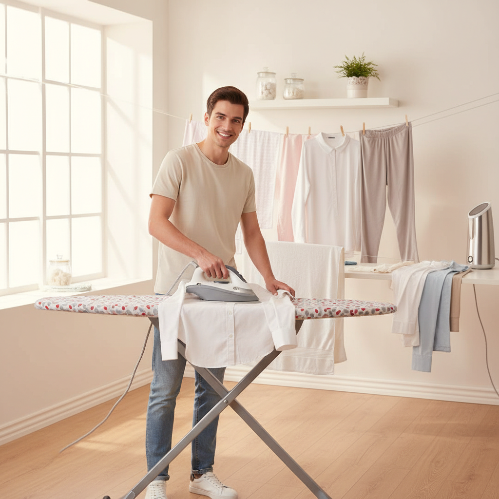 Jasne, nowoczesne i dobrze oświetlone pomieszczenie gospodarcze lub kącik do prasowania. Młoda, uśmiechnięta osoba bez wysiłku prasuje koszulę na nowoczesnej desce Vileda. W tle widać estetycznie rozwieszone pranie. Całość ma ciepły, pozytywny i aspiracyjny charakter, pokazując, że prasowanie nie musi być przykrym obowiązkiem.