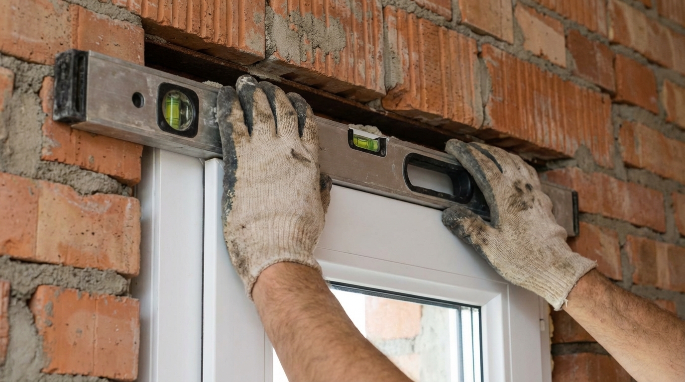 Zbliżenie na dłonie profesjonalnego montera w rękawicach roboczych, który używa poziomicy do precyzyjnego ustawienia białej ramy okiennej w surowym otworze murowanym. W tle widać fragment nowo budowanej ściany z cegły. Kadr jest czysty, skupiony na precyzji i fachu.