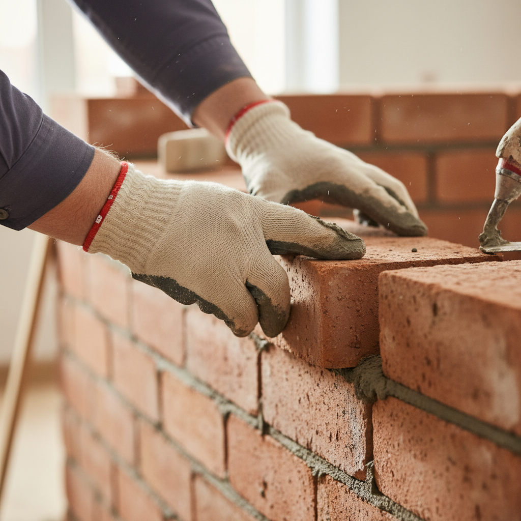 Zbliżenie na dłonie doświadczonego pracownika budowlanego w rękawicach roboczych, który starannie układa cegły lub płytki. Tło jest lekko rozmyte, ale widać fragmenty nowo powstającej ściany. Ujęcie podkreśla precyzję, staranność i wartość rzemieślniczej pracy, która jest jednym z kluczowych kosztów kwalifikowanych.