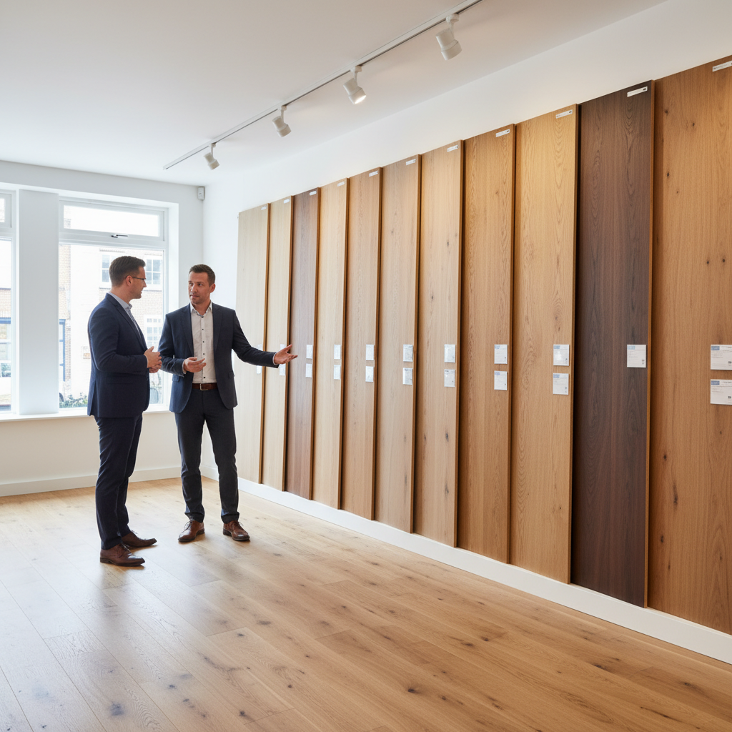 Elegancki, dobrze oświetlony showroom z podłogami. Na ścianie wiszą duże próbki desek podłogowych z różnych gatunków drewna, od jasnego jesionu, przez klasyczny dąb, po ciemny orzech. Przed próbkami stoi para klientów rozmawiająca z doradcą, który wskazuje na jedną z desek. Wnętrze jest nowoczesne i minimalistyczne, co pozwala skupić uwagę na fakturze i kolorze drewna.