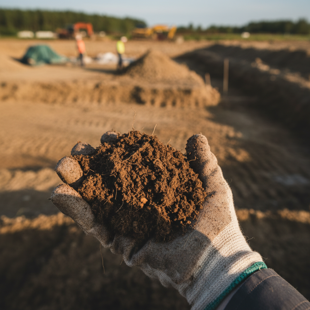 Dłoń w rękawicy roboczej trzymająca grudkę ziemi, z wyraźnie widoczną teksturą i kolorem, symbolizującą analizę gruntu. W tle widać rozkopaną działkę budowlaną.