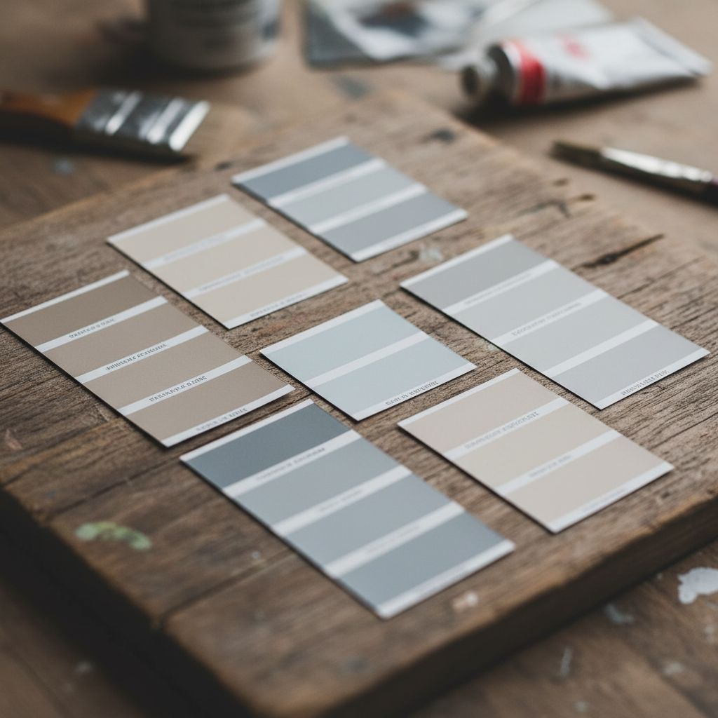 Estetyczne, artystyczne ujęcie z bliska na paletę próbek kolorów farb emulsyjnych. Różne odcienie beżu, szarości i pastelowego błękitu na małych kartonikach, ułożone w harmonijną kompozycję na drewnianym tle. Miękkie, rozproszone oświetlenie.