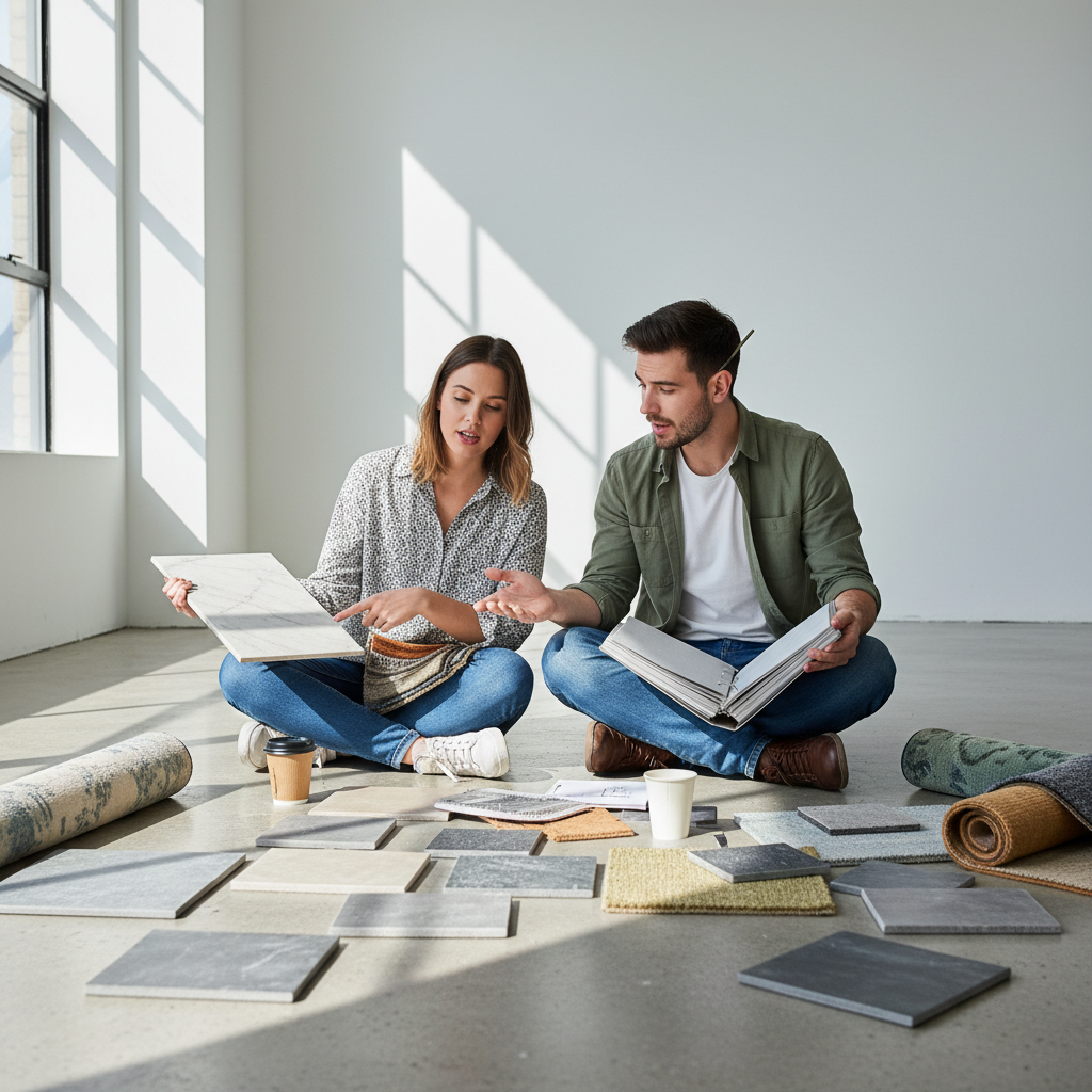 Zdjęcie przedstawiające parę siedzącą na podłodze w pustym pomieszczeniu, otoczoną różnymi próbkami materiałów. W ich rękach znajdują się próbki płytek kamiennych i wzorniki wykładzin dywanowych. Oboje z zastanowieniem patrzą na próbki, dyskutując i planując przyszłą aranżację.