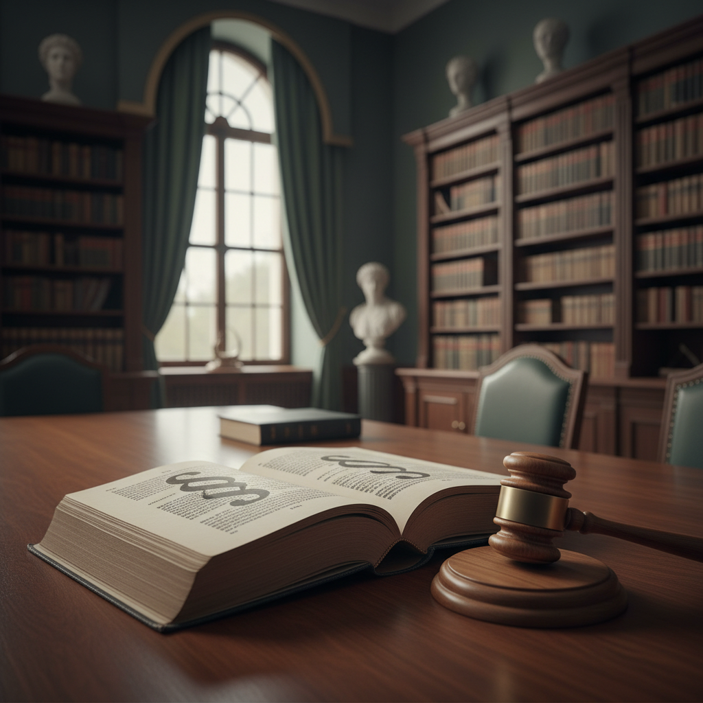 Stonowane, klasyczne wnętrze sali posiedzeń lub biblioteki prawnej. Na pierwszym planie leży otwarta, gruba księga z paragrafami, a obok niej sędziowski młotek. Tło jest lekko rozmyte, sugerując powagę i formalność procesu legislacyjnego.