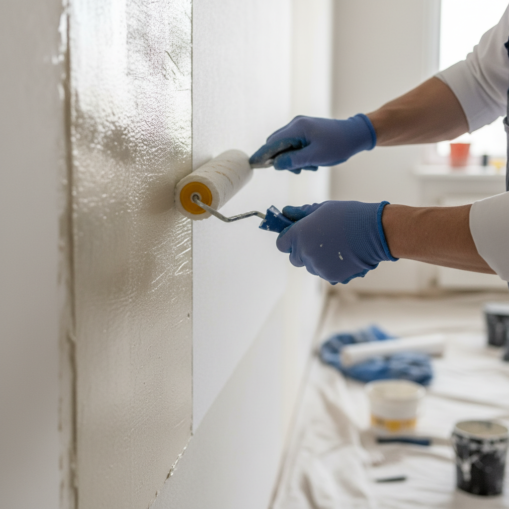 Ujęcie przedstawiające ręce fachowca w czystym ubraniu roboczym, który starannie dociska gumowym wałkiem pas tapety z włókna szklanego do ściany. Ściana jest pokryta świeżą warstwą kleju. Kadr jest estetyczny i skupia się na precyzji i profesjonalizmie wykonywanej pracy.