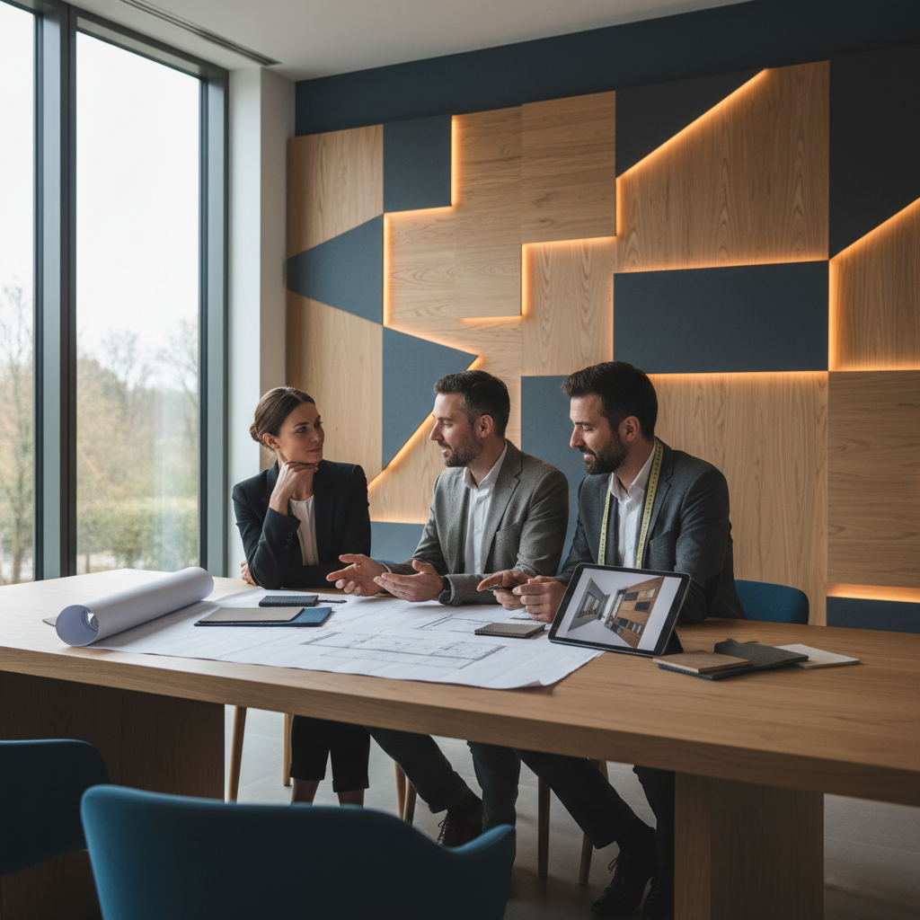 Estetyczne ujęcie przedstawiające projektanta wnętrz lub akustyka dyskutującego z klientem w nowoczesnym pomieszczeniu. Na stole leżą plany, wzorniki materiałów i tablet z wizualizacją adaptacji akustycznej. W tle widać fragment ściany z eleganckimi panelami akustycznymi.