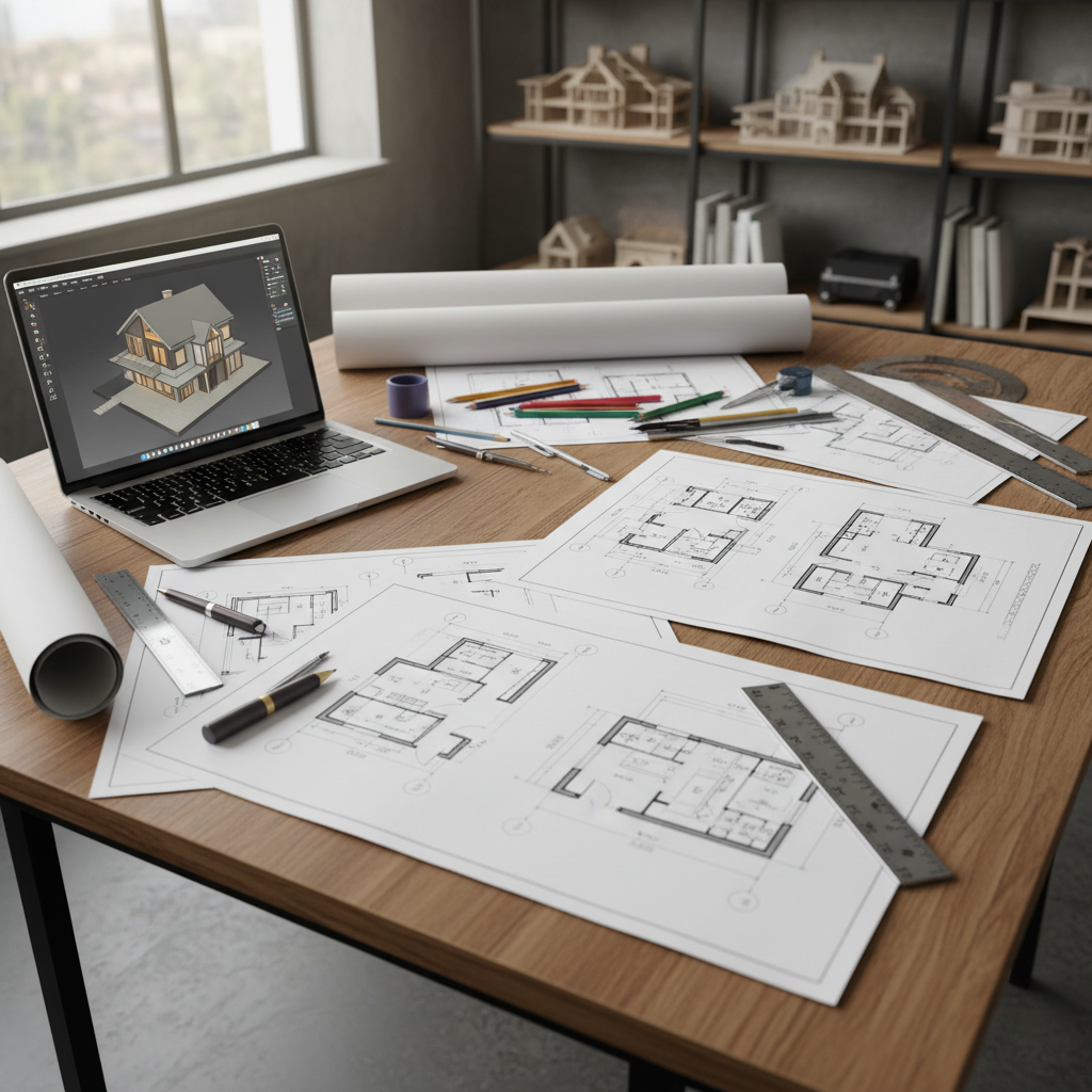 Stół kreślarski, na którym rozłożone są rysunki techniczne domu, plany instalacji i rzuty elewacji. Obok leżą narzędzia projektowe: linijki, ołówki, cyrkiel oraz laptop z otwartym programem typu CAD.