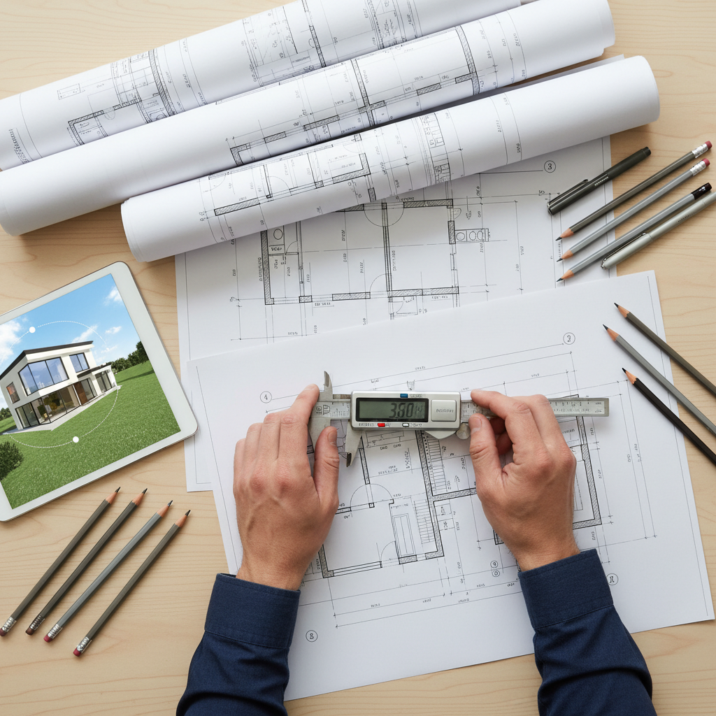 Zdjęcie z perspektywy lotu ptaka (top-down view) na biurko architekta. Na stole leżą rozłożone, profesjonalne plany architektoniczne, suwmiarka, ołówki oraz tablet wyświetlający trójwymiarową wizualizację nowoczesnego domu jednorodzinnego. Dłonie architekta dokonują precyzyjnych pomiarów na planie.