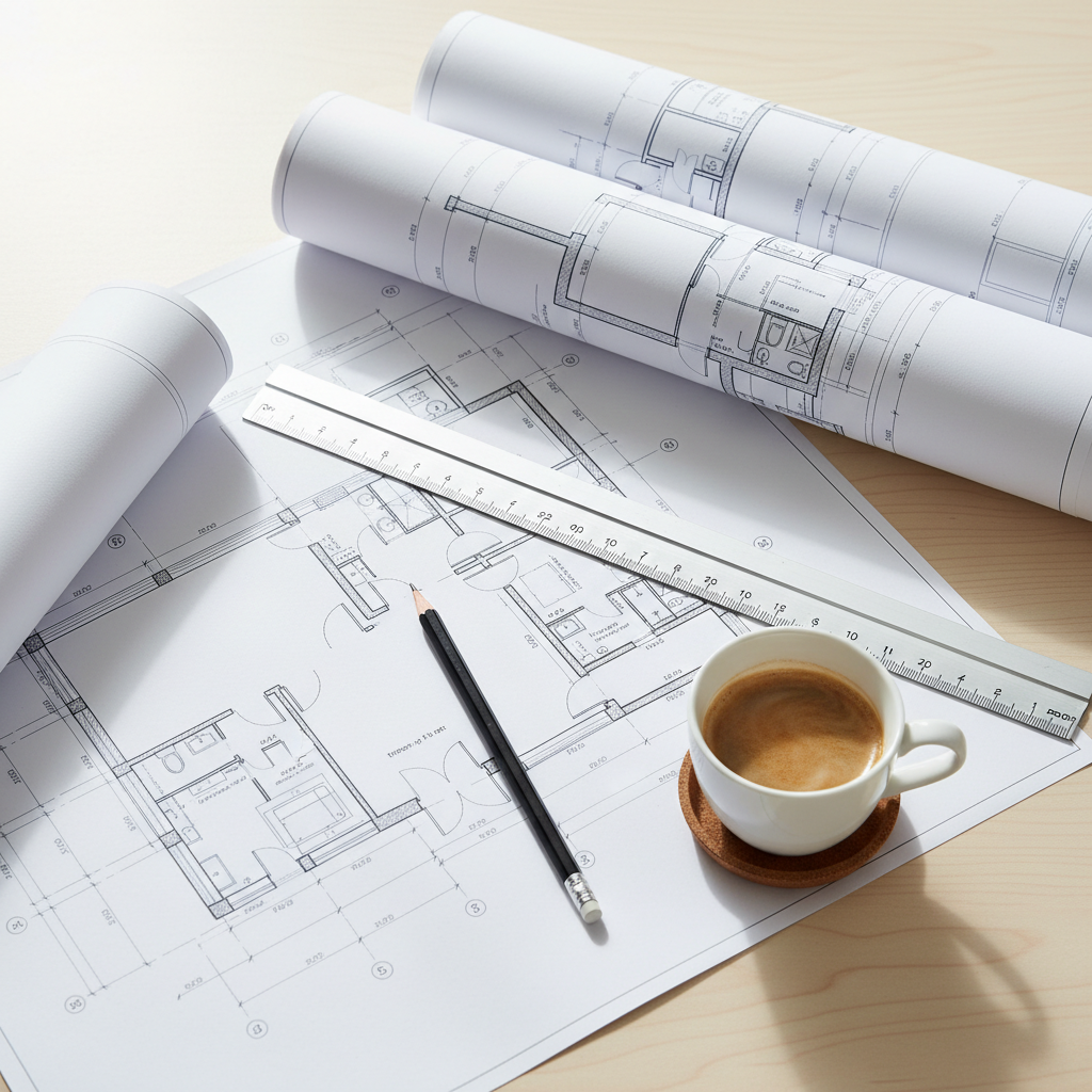 Estetyczne ujęcie z góry na biurko architekta. Na stole leżą rozłożone plany architektoniczne (projekt budowlany), ołówek, linijka i filiżanka kawy. Nowoczesne, jasne oświetlenie, minimalistyczny styl.