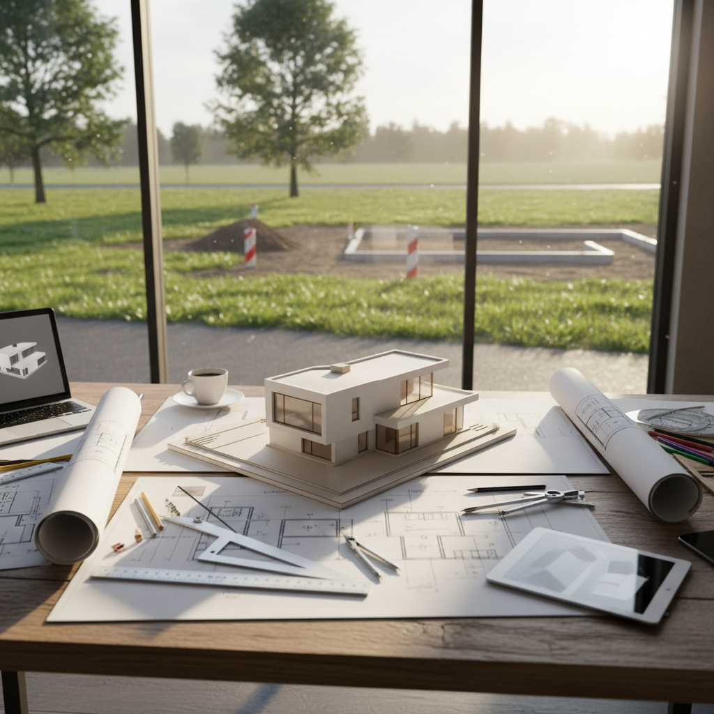 Fotorealistyczny obraz przedstawiający rozłożony na drewnianym stole nowoczesny projekt architektoniczny domu jednorodzinnego. W tle, przez okno biura, widać słoneczną działkę budowlaną z zieloną trawą i kilkoma drzewami. Ciepłe, poranne światło.