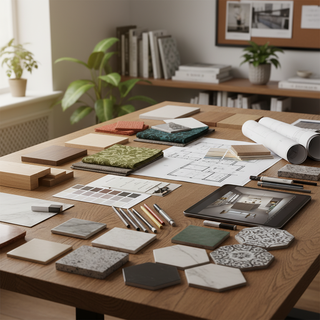 Zbliżenie na stół roboczy architekta wnętrz. Na blacie leżą próbki materiałów: kawałki drewna, tkanin, płytek ceramicznych i kamienia. Obok nich znajdują się palety kolorów, ołówki, szkice techniczne i tablet z wizualizacją projektu. Tło jest lekko rozmyte, co skupia uwagę na detalach i procesie twórczym.