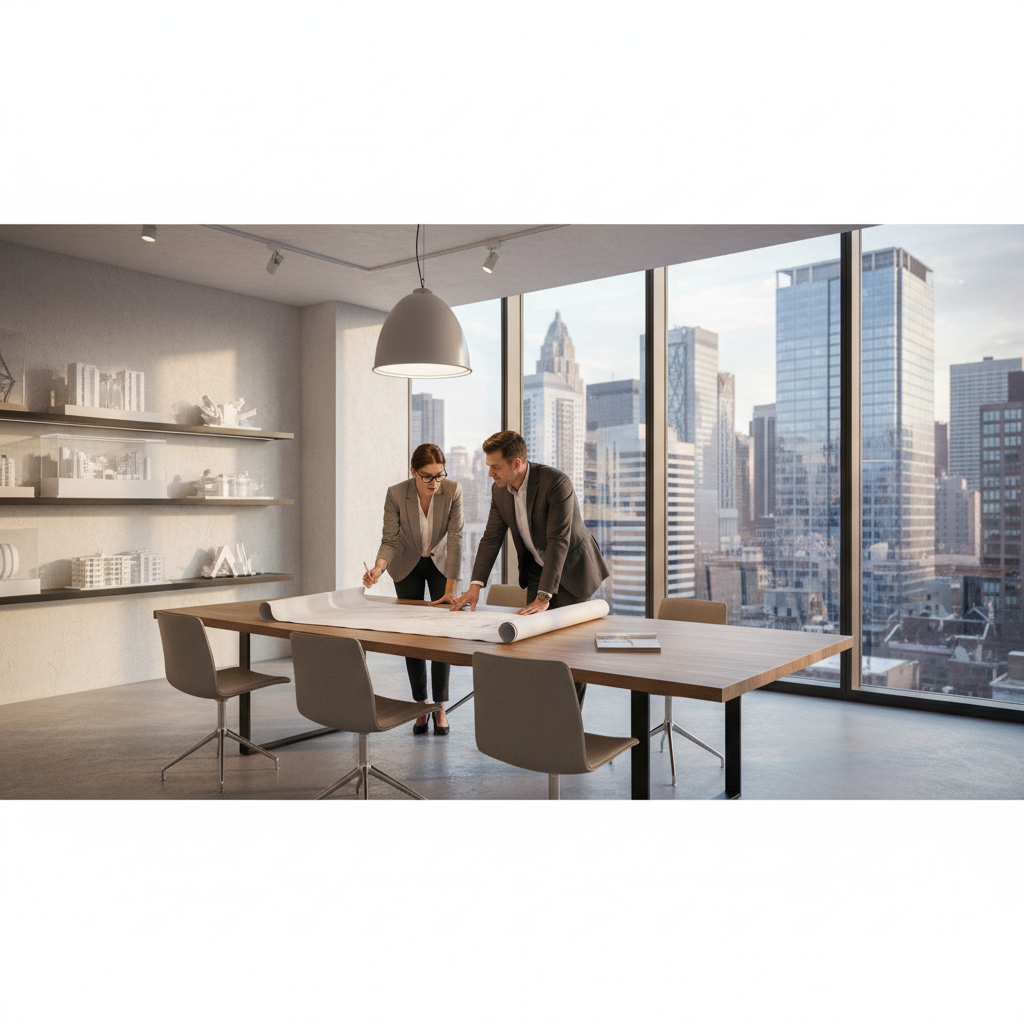Dwóch profesjonalistów, architekt i inwestor, pochylających się nad rozłożonymi na dużym drewnianym stole planami budowlanymi w nowoczesnym, jasnym biurze. W tle widać modele architektoniczne i okno z widokiem na miasto. Realistyczne, profesjonalne oświetlenie.