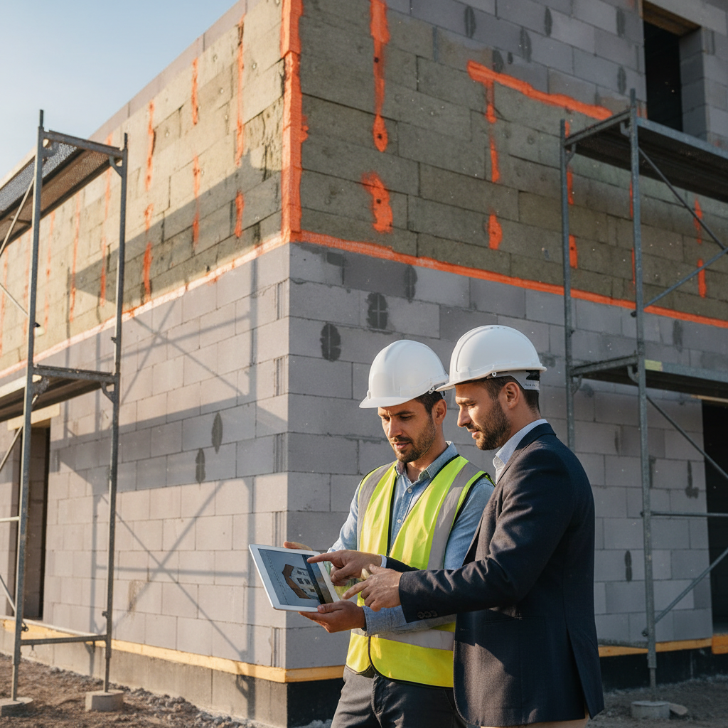 Architekt w kasku ochronnym i inwestor stojący przed nieotynkowaną jeszcze ścianą domu, omawiając szczegóły na tablecie. W tle widać fragmenty systemu ociepleń.