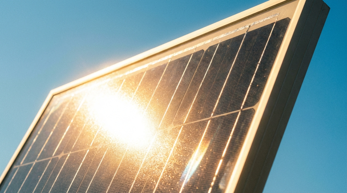 Zbliżenie na fragment kolektora słonecznego, na którego powierzchni odbijają się intensywne promienie słoneczne. Tło stanowi czyste, błękitne niebo. Obraz ma ciepły, optymistyczny wydźwięk, symbolizując czystą energię i technologiczną innowację.