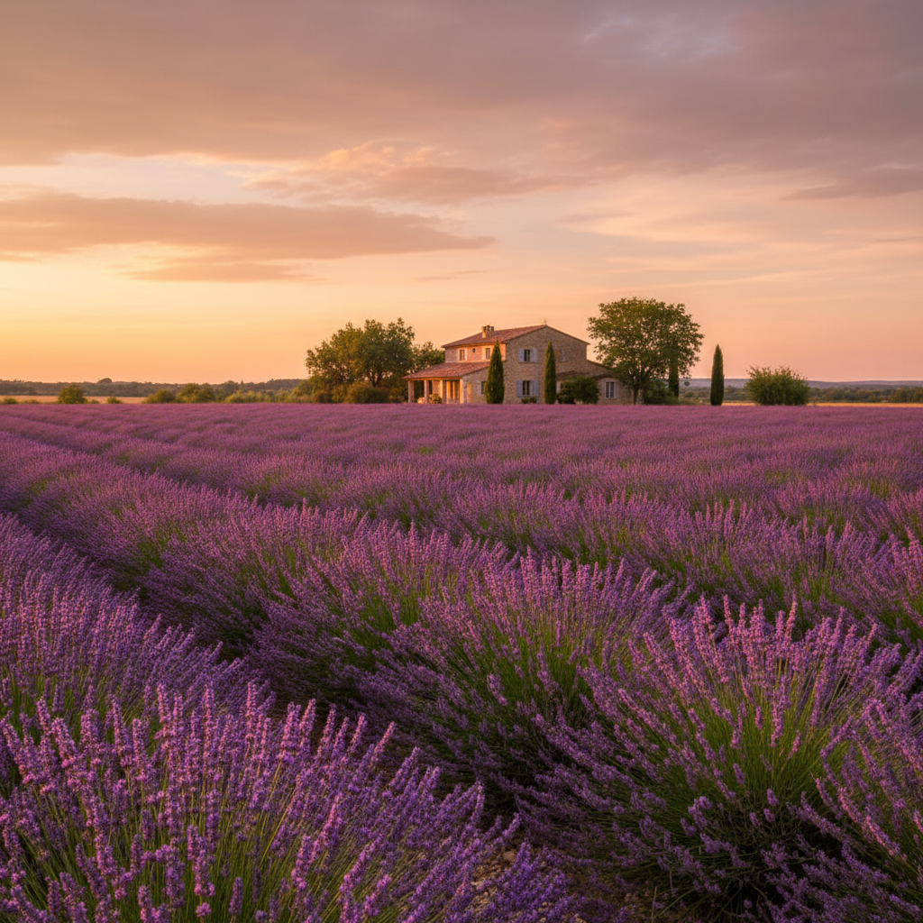 Szeroki, fotorealistyczny kadr przedstawiający pole kwitnącej lawendy w Prowansji o zachodzie słońca. W tle widać malowniczą, kamienną willę z terakotowym dachem. Niebo ma ciepłe, złocisto-różowe barwy, a cała scena emanuje spokojem i sielskim klimatem.