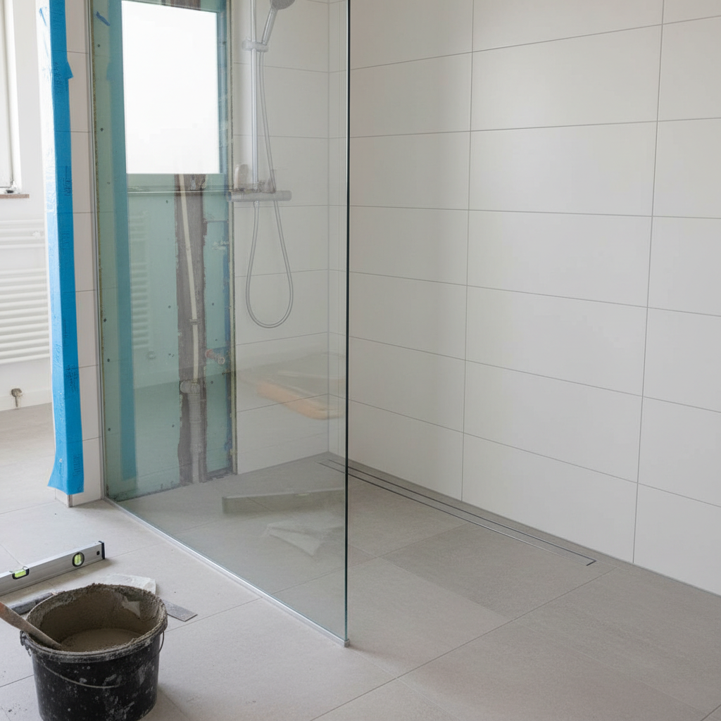 Zbliżenie na nowoczesny, bezprogowy prysznic typu walk-in. Podłoga z odpływem liniowym jest idealnie zlicowana z resztą posadzki łazienki. Ściany prysznica wykończone są dużymi, jasnymi płytkami, a szklana tafla oddziela go od reszty pomieszczenia. Widać fragmenty płyty budowlanej podczas montażu odpływu.