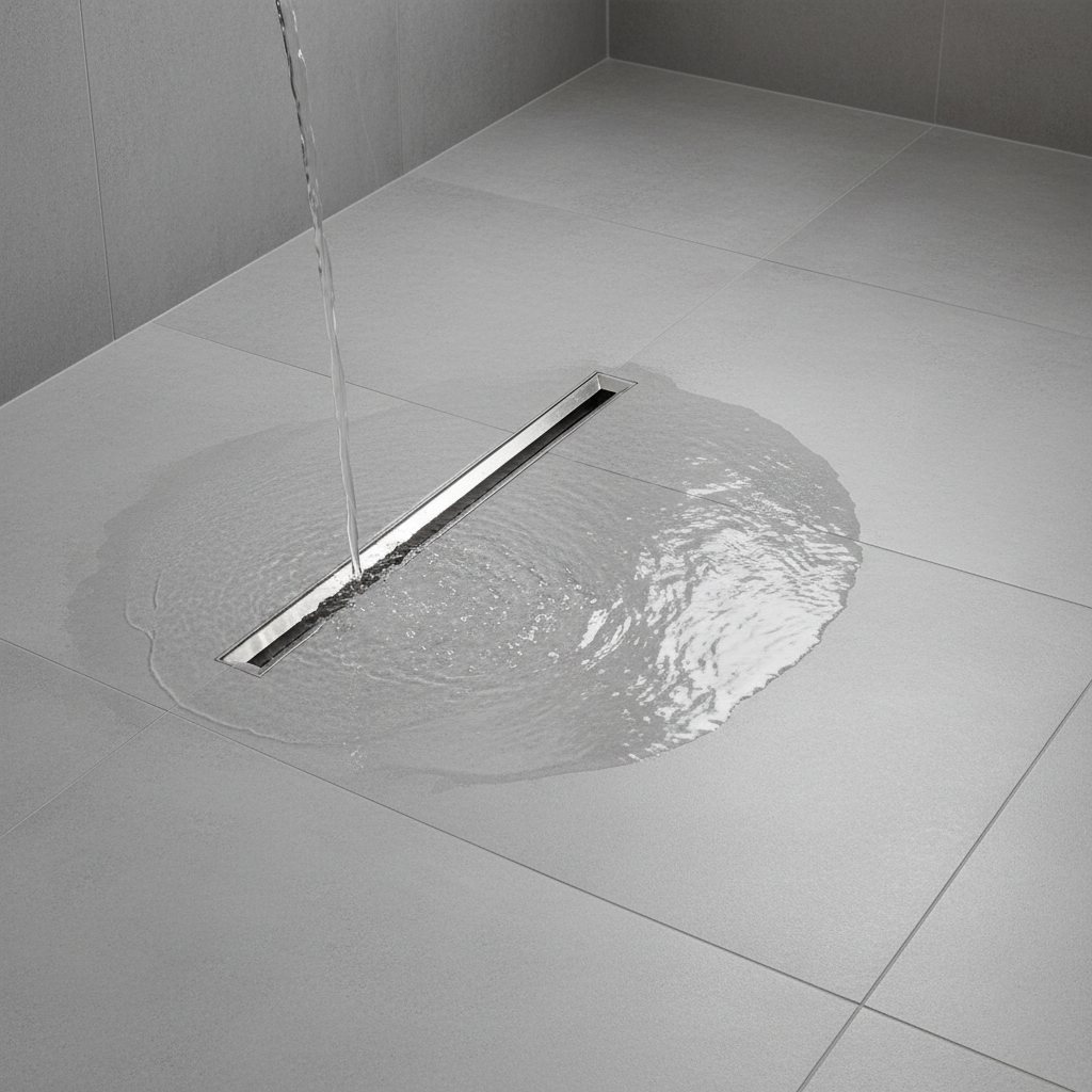 Zbliżenie na podłogę w minimalistycznej łazience, gdzie widać płynne przejście między płytkami a strefą prysznica walk-in. Woda spływa do eleganckiego, podłużnego odpływu liniowego wykonanego ze stali nierdzewnej. Całość wygląda bardzo czysto, nowocześnie i tworzy jednolitą powierzchnię.