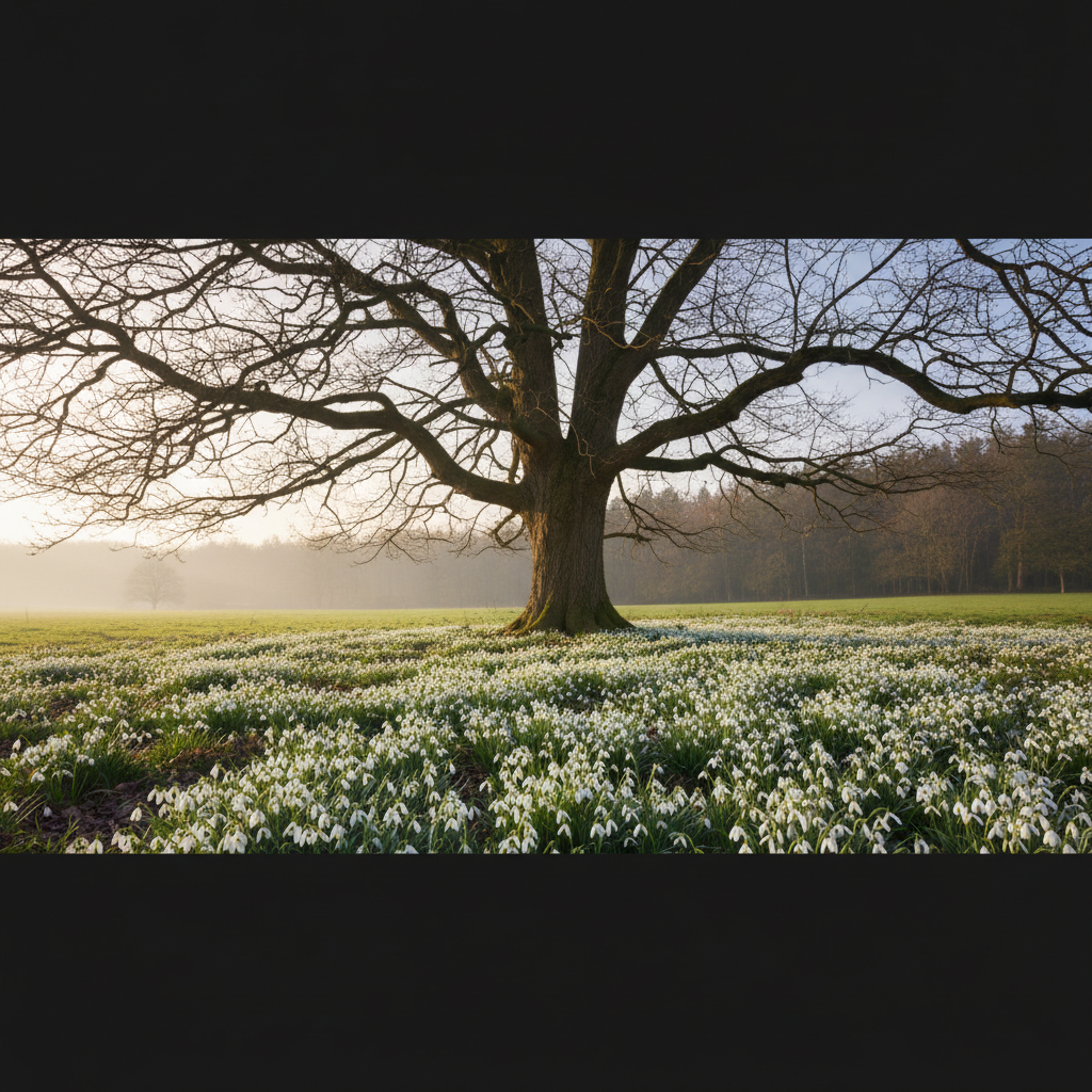 Szeroki kadr przedstawiający malowniczy dywan białych przebiśniegów kwitnących pod dużym, starym drzewem liściastym wczesną wiosną. Światło słoneczne delikatnie przebija się przez gałęzie, tworząc magiczną atmosferę.