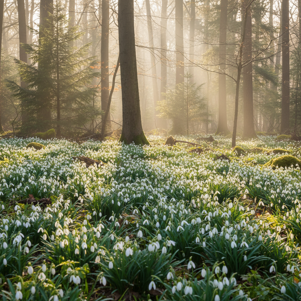 Pole kwitnących, białych przebiśniegów w leśnym ogrodzie, z promieniami porannego słońca przebijającymi się przez drzewa. Kwiaty są w pełnym rozkwicie, a zielone liście tworzą gęsty dywan.