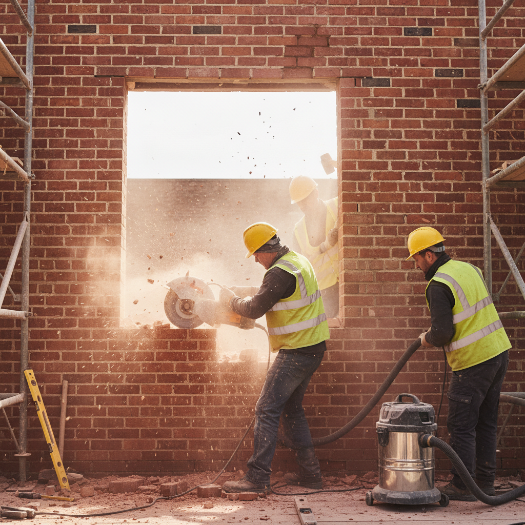 Ekipa budowlana pracuje przy ścianie z czerwonej cegły. Jeden z pracowników, ubrany w kask i kamizelkę odblaskową, starannie wycina większy otwór w murze za pomocą profesjonalnej piły. Wokół widać pył i fragmenty cegieł. Scena dynamicznie ilustruje proces ingerencji w konstrukcję budynku i zmianę wielkości otworu okiennego.