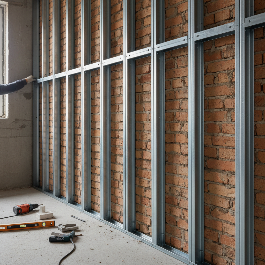 Ujęcie pokazujące konstrukcję metalowego rusztu (przedścianki) montowaną kilka centymetrów od surowej, ceglanej ściany. Widać precyzję montażu profili, co podkreśla techniczny i profesjonalny charakter prac. Przestrzeń między rusztem a ścianą jest wyraźnie widoczna.