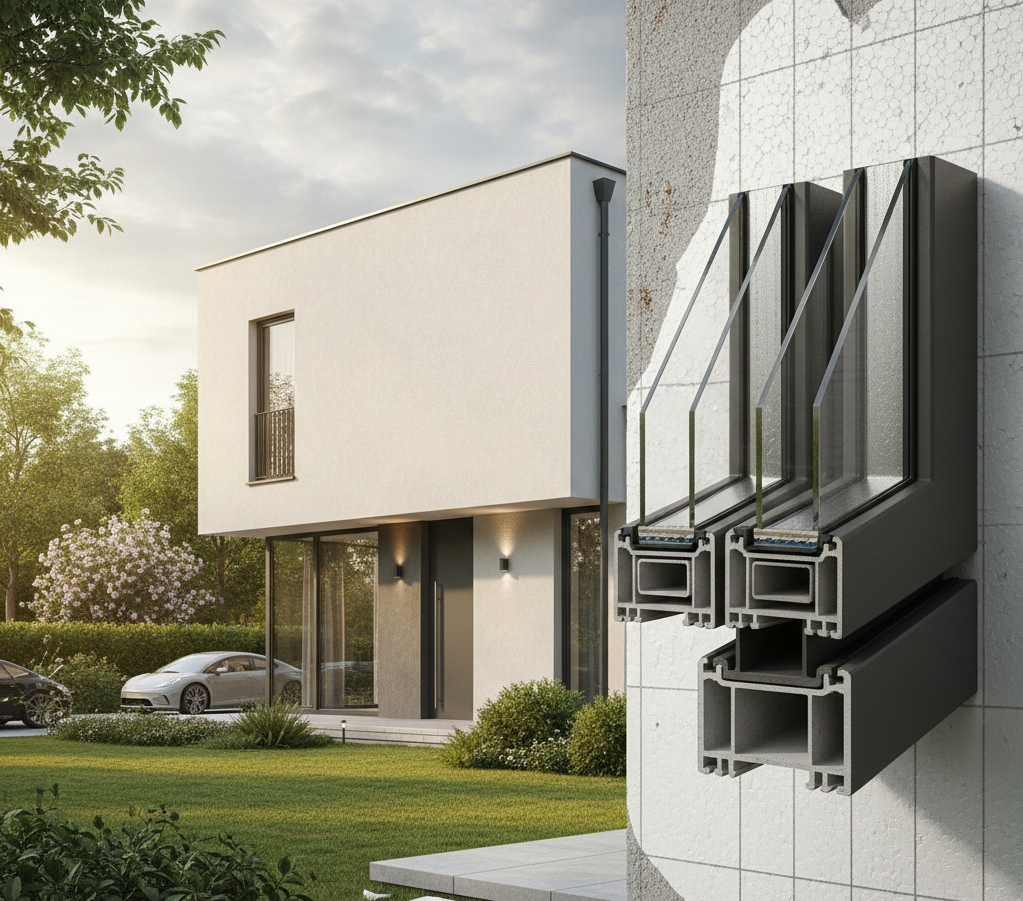 Realistyczne, szczegółowe zbliżenie na przekrój nowoczesnego profilu okiennego w kolorze antracytowym. Widoczne są trzy warstwy szkła (pakiet trzyszybowy) oddzielone ramkami dystansowymi oraz wielokomorowa budowa ramy PCV, podkreślająca zaawansowaną technologię izolacyjną.