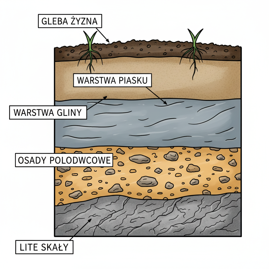 Przekrój geologiczny ukazujący różne warstwy ziemi pod powierzchnią, od żyznej gleby, przez warstwy piasku i gliny, aż po lite skały. Grafika powinna być czytelna, z etykietami dla poszczególnych warstw.
