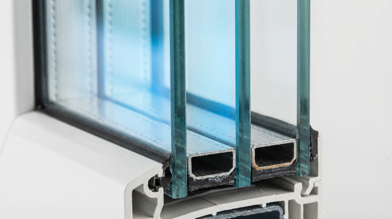 Szczegółowe, makroskopowe ujęcie przekroju nowoczesnej szyby trzyszybowej (dwukomorowej). Widoczne są trzy warstwy szkła, dwie przestrzenie międzyszybowe oraz subtelna, niebieskawa poświata na wewnętrznych powierzchniach zewnętrznych szyb, symbolizująca powłoki niskoemisyjne. Całość ma nowoczesny, technologiczny wygląd.