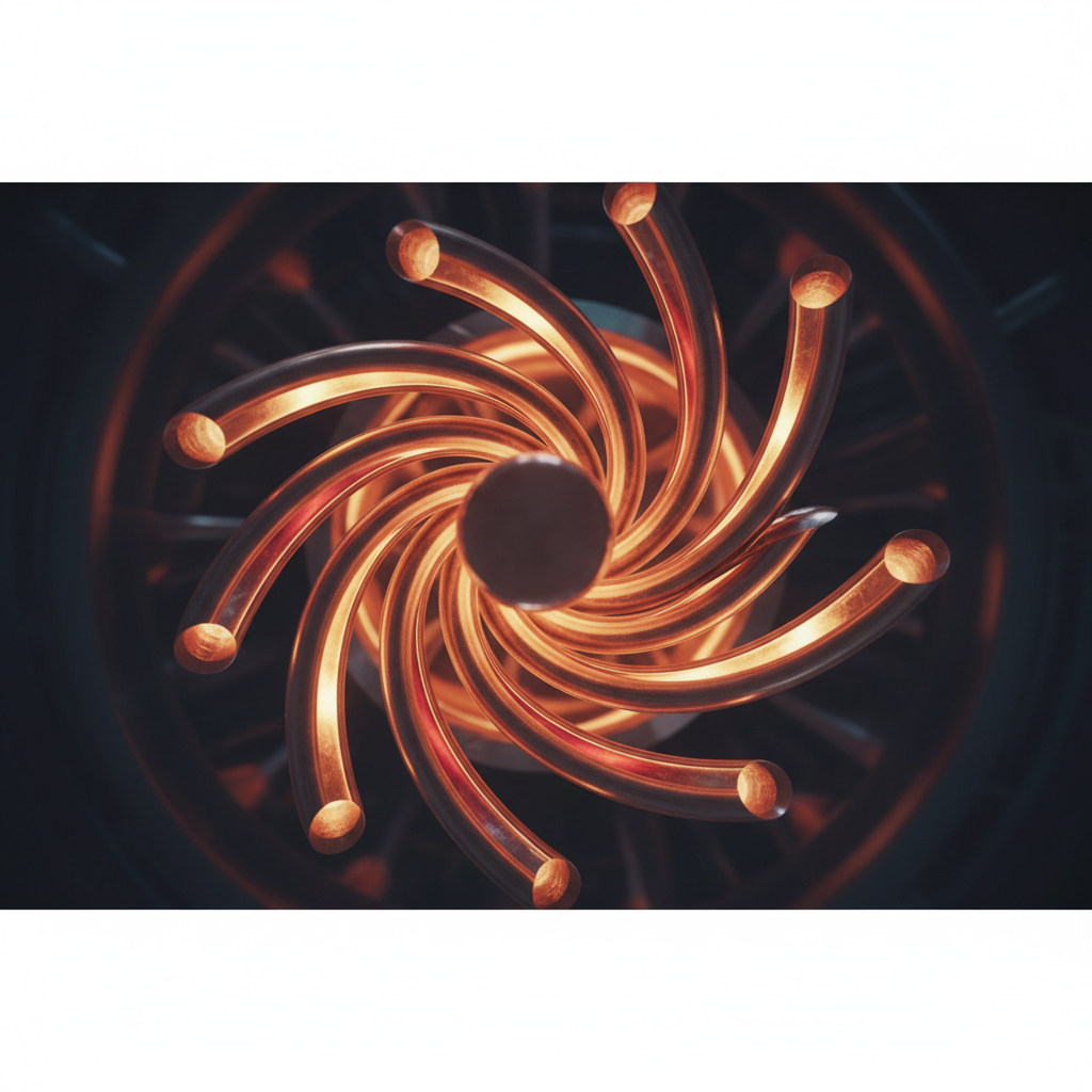 Abstrakcyjne, estetyczne ujęcie miedzianych rurek z delikatnym, ciepłym blaskiem emanującym z ich wnętrza. Tło jest ciemne i rozmyte, co skupia uwagę na symbolu przepływu energii i ciepła w zaawansowanym technologicznie urządzeniu.