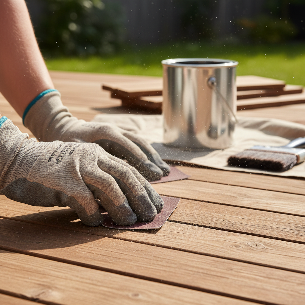 Zbliżenie na dłonie w rękawicach roboczych, które szlifują papierem ściernym drewnianą deskę tarasową przed impregnacją. W tle widać puszkę z impregnatem i pędzel. Słoneczny dzień, praca na zewnątrz. Obraz podkreśla staranność i przygotowanie.