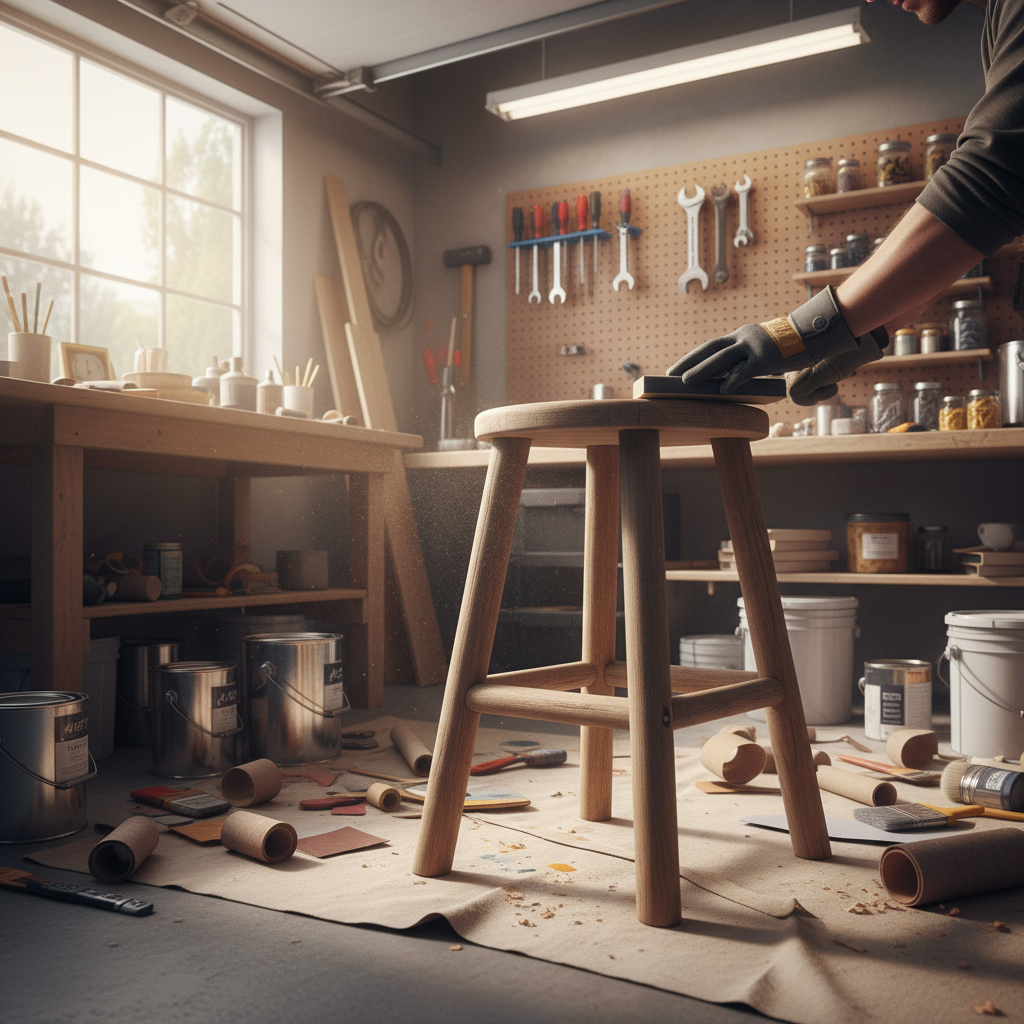 Zdjęcie przedstawiające drewniany stołek w warsztacie lub garażu, obok leżą materiały: papier ścierny, pędzle, puszki z farbą. Osoba w rękawiczkach delikatnie szlifuje jedną z nóg stołka. Scena jest dobrze oświetlona, panuje w niej kreatywny porządek.