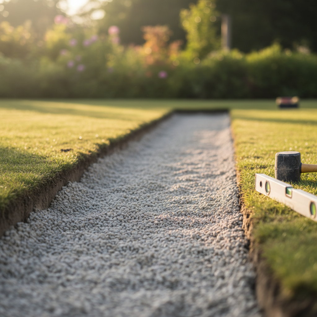 Zdjęcie przedstawiające starannie przygotowane koryto pod ścieżkę w ogrodzie. Widoczne są równe warstwy jasno-szarego kruszywa, a na boku leży poziomica i gumowy młotek. Całość skąpana jest w ciepłym, porannym słońcu, co nadaje scenie profesjonalnego i starannego charakteru, sugerując dbałość o detale.