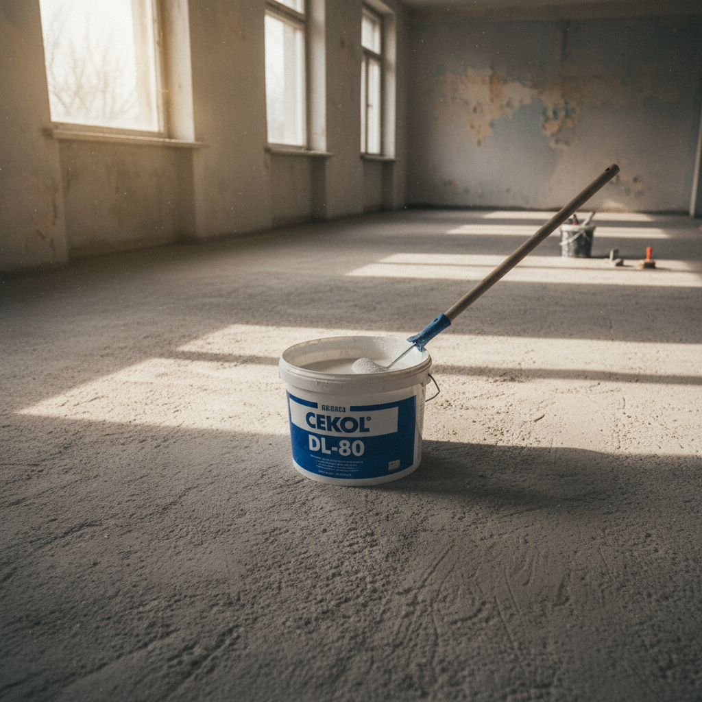 Surowe, betonowe podłoże w starym pomieszczeniu, starannie oczyszczone i odkurzone. Na podłodze stoi otwarte wiadro z emulsją gruntującą CEKOL DL-80 oraz wałek na długim kiju, gotowy do pracy. Światło z okna podkreśla teksturę betonu i przygotowania do kluczowego etapu renowacji.