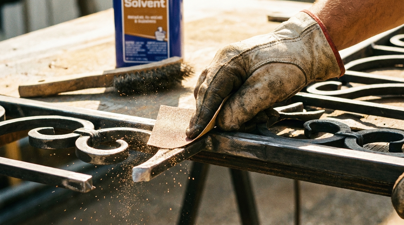 Zbliżenie na dłonie pracownika w rękawicach roboczych, który za pomocą pędzla ławkowca nanosi mlecznobiałą emulsję gruntującą na oczyszczoną, surową powierzchnię betonowego tarasu. W tle widać narzędzia budowlane, a światło słoneczne podkreśla teksturę betonu.