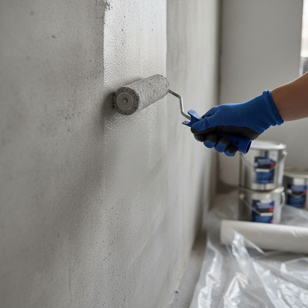 Dłoń w rękawicy roboczej trzyma wałek malarski i nakłada na szarą, betonową ścianę przezroczysty preparat gruntujący. Widać wyraźną granicę między suchą a mokrą, zagruntowaną częścią ściany. W tle stoją puszki z farbą i folia malarska.