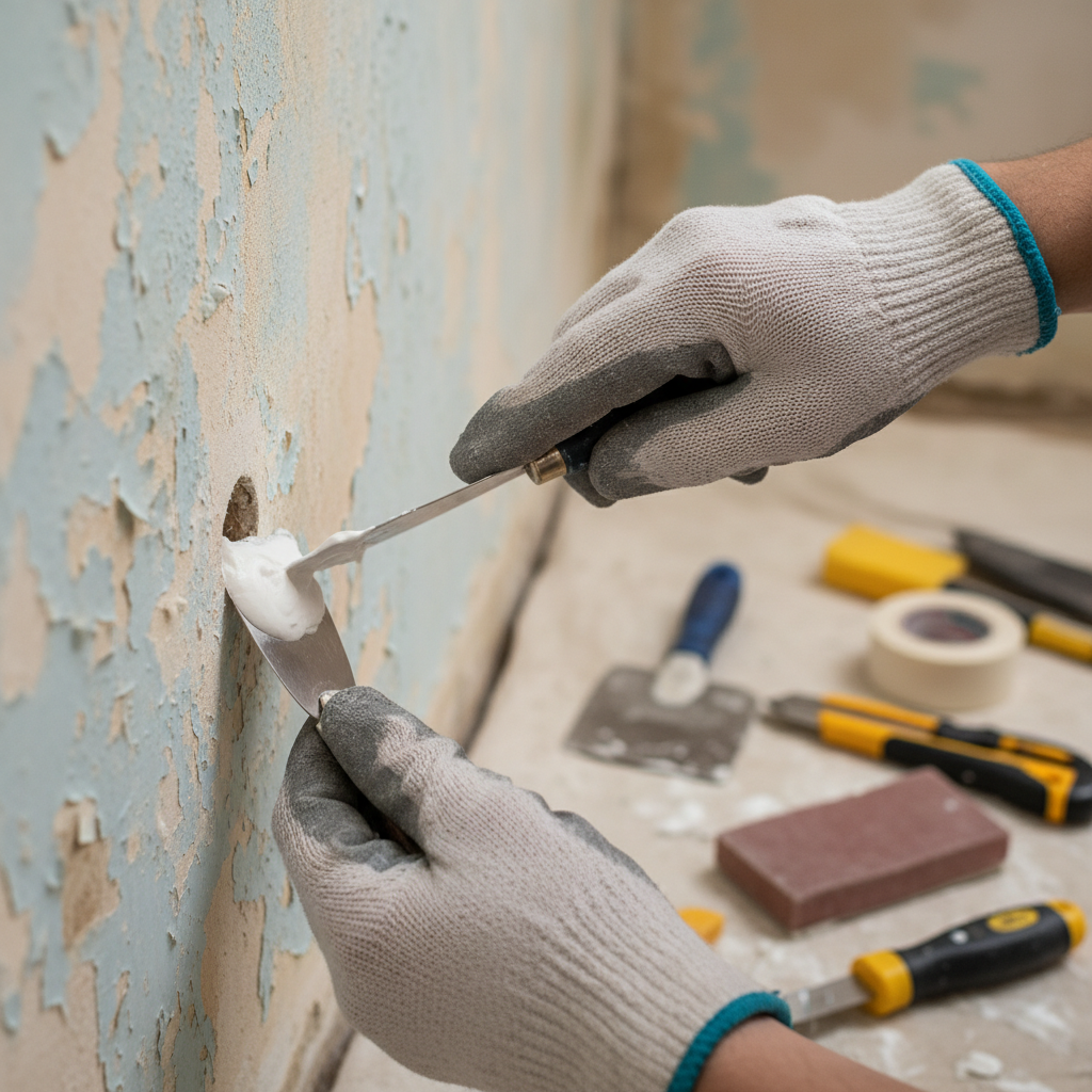 Zbliżenie na dłonie w roboczych rękawicach, które za pomocą małej, lśniącej szpachelki precyzyjnie wypełniają masą szpachlową dziurę po kołku w starej ścianie. W tle widać inne narzędzia remontowe i fragment ściany z częściowo usuniętą starą farbą, co podkreśla proces przygotowawczy.