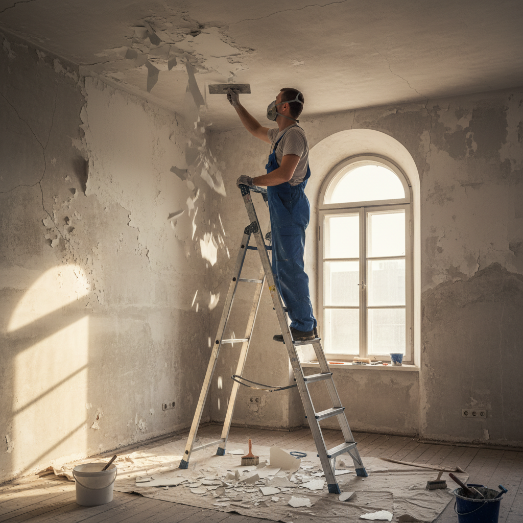 Mężczyzna w roboczym ubraniu, stojący na stabilnej drabinie, starannie usuwa starą, łuszczącą się farbę z sufitu za pomocą szerokiej szpachelki. W tle widać okno wpuszczające do pomieszczenia naturalne, dzienne światło, które podkreśla fakturę ściany.