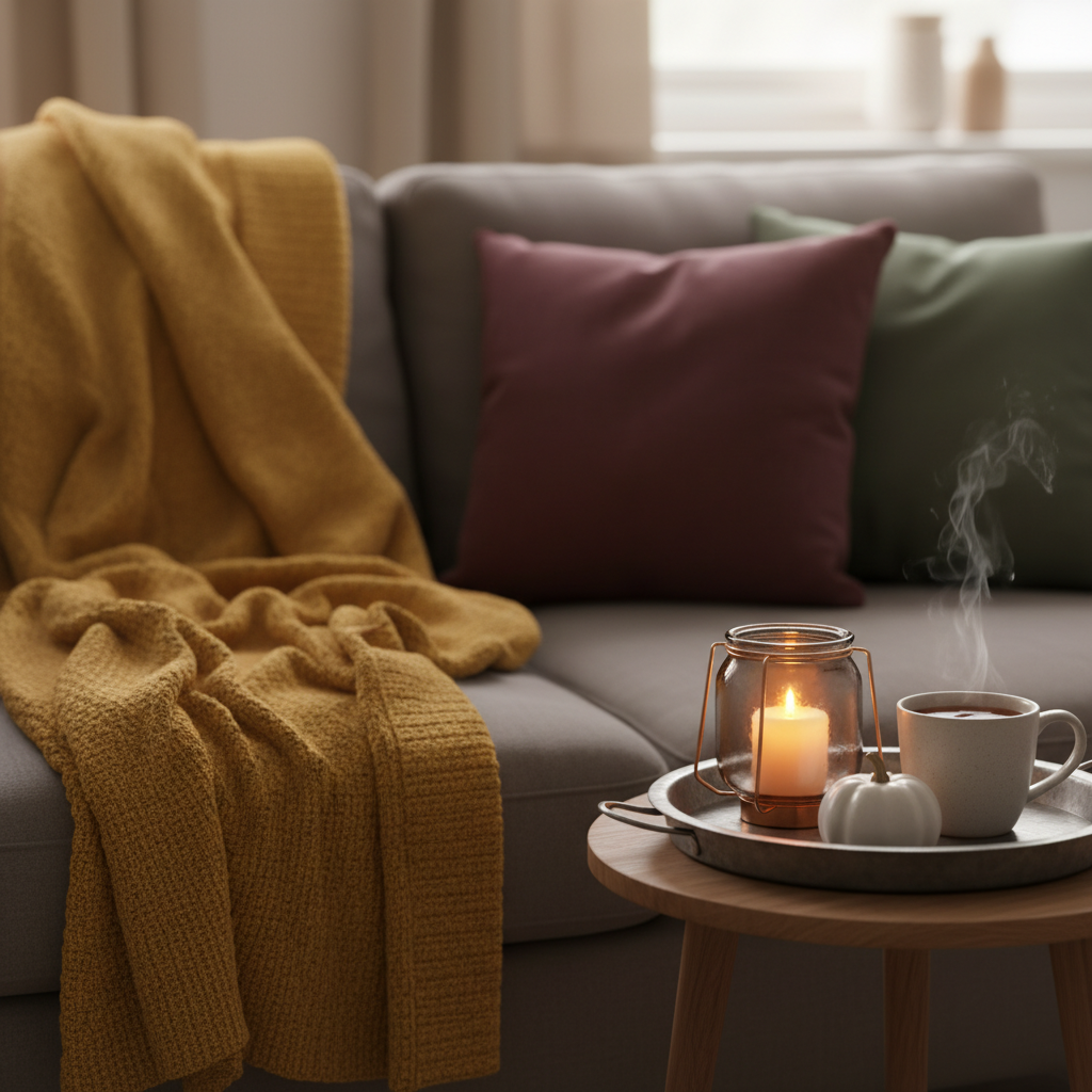 Zbliżenie na fragment sofy w salonie. Na sofie leży gruby, wełniany pled w kolorze musztardowym i kilka poduszek w odcieniach bordo i butelkowej zieleni. Obok, na małym drewnianym stoliku, stoi taca z zapaloną świecą w szklanym lampionie, mała dynia ozdobna i kubek gorącej herbaty, z którego unosi się para. Ciepłe, miękkie światło.