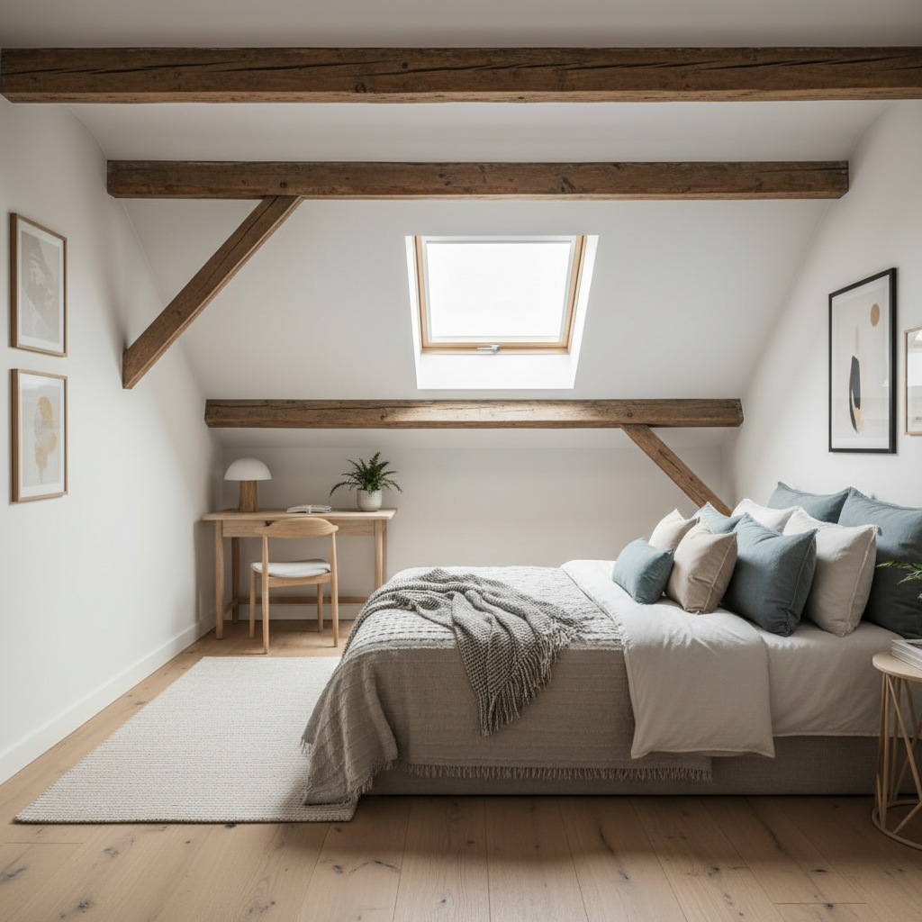 Jasna, przytulna sypialnia na poddaszu użytkowym. Przez duże okno dachowe wpada miękkie światło, oświetlając łóżko z narzutą i licznymi poduszkami. Widoczne drewniane belki stropowe dodają wnętrzu ciepła i rustykalnego uroku. Pod skosem stoi małe biurko, tworząc kameralny kącik do pracy.