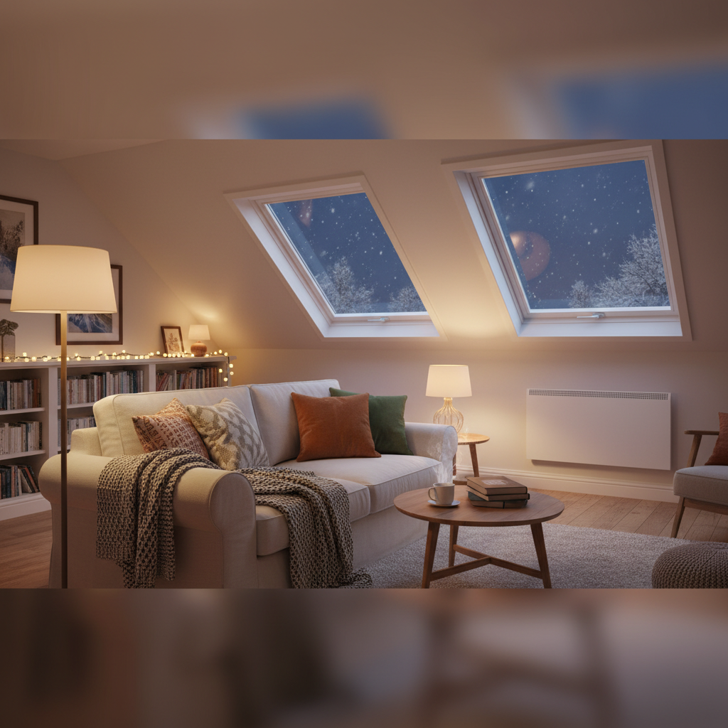 Szeroki kadr przedstawiający pięknie zaaranżowany salon na poddaszu w zimowy wieczór. Przez duże okna dachowe widać padający śnieg i ciemne niebo. Wnętrze jest oświetlone ciepłym, miękkim światłem z lamp. Na pierwszym planie wygodna kanapa z wełnianym kocem i poduszkami, a w tle widać fragment nowoczesnego, niskiego grzejnika pod ścianą kolankową. Atmosfera jest niezwykle przytulna, ciepła i bezpieczna.