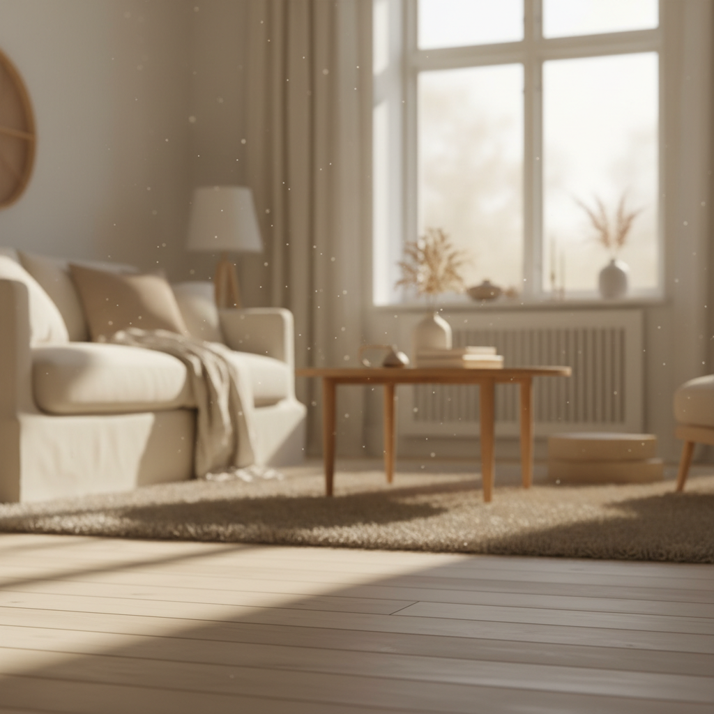 Ciepłe, przytulne wnętrze salonu w stylu skandynawskim, sfotografowane z niskiej perspektywy. Na pierwszym planie widać fragment jasnej, drewnianej podłogi z paneli, na której leży miękki, beżowy dywan. W tle rozmyta sofa, stolik kawowy i duże okno z wpadającym delikatnym, porannym światłem. Zdjęcie ma ciepłą kolorystykę i emanuje spokojem i komfortem.