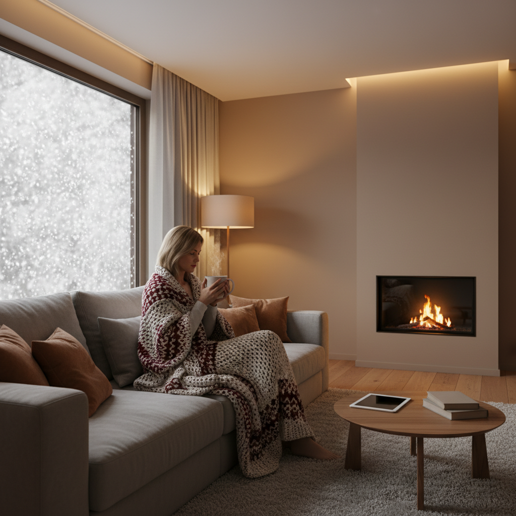Ciepłe, przytulne wnętrze salonu w zimowy dzień. Za oknem widać padający śnieg. W środku, na wygodnej sofie, siedzi osoba opatulona kocem z kubkiem gorącego napoju. Ściana w tle jest gładka i estetycznie wykończona, co subtelnie sugeruje komfort cieplny i dobrą izolację. Światło jest miękkie i ciepłe.