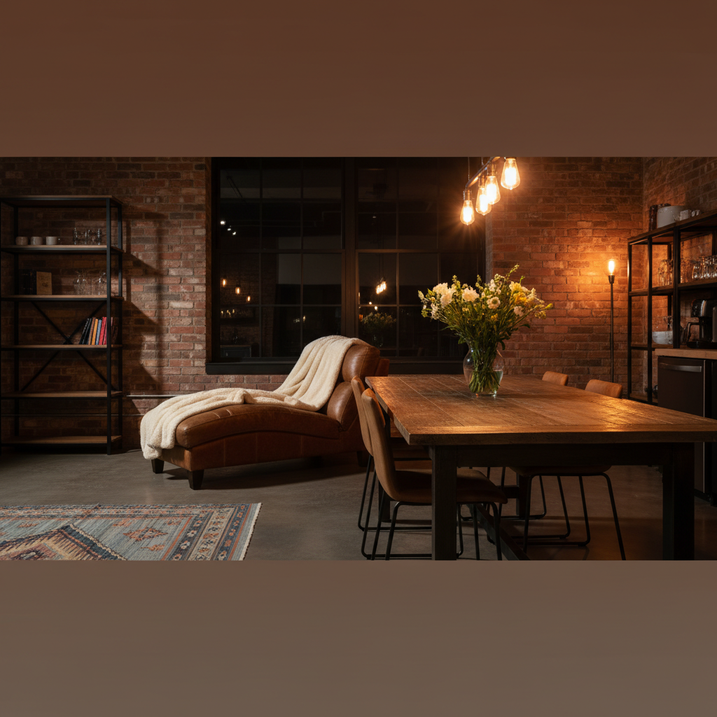 Nastrojowe ujęcie loftowej kuchni po zmroku. Ciepłe, żółte światło z wiszących żarówek Edisona oświetla drewniany stół, na którym stoi wazon ze świeżymi kwiatami. W tle, na skórzanym szezlongu leży miękki, wełniany koc, a na podłodze widać fragment wzorzystego dywanu.