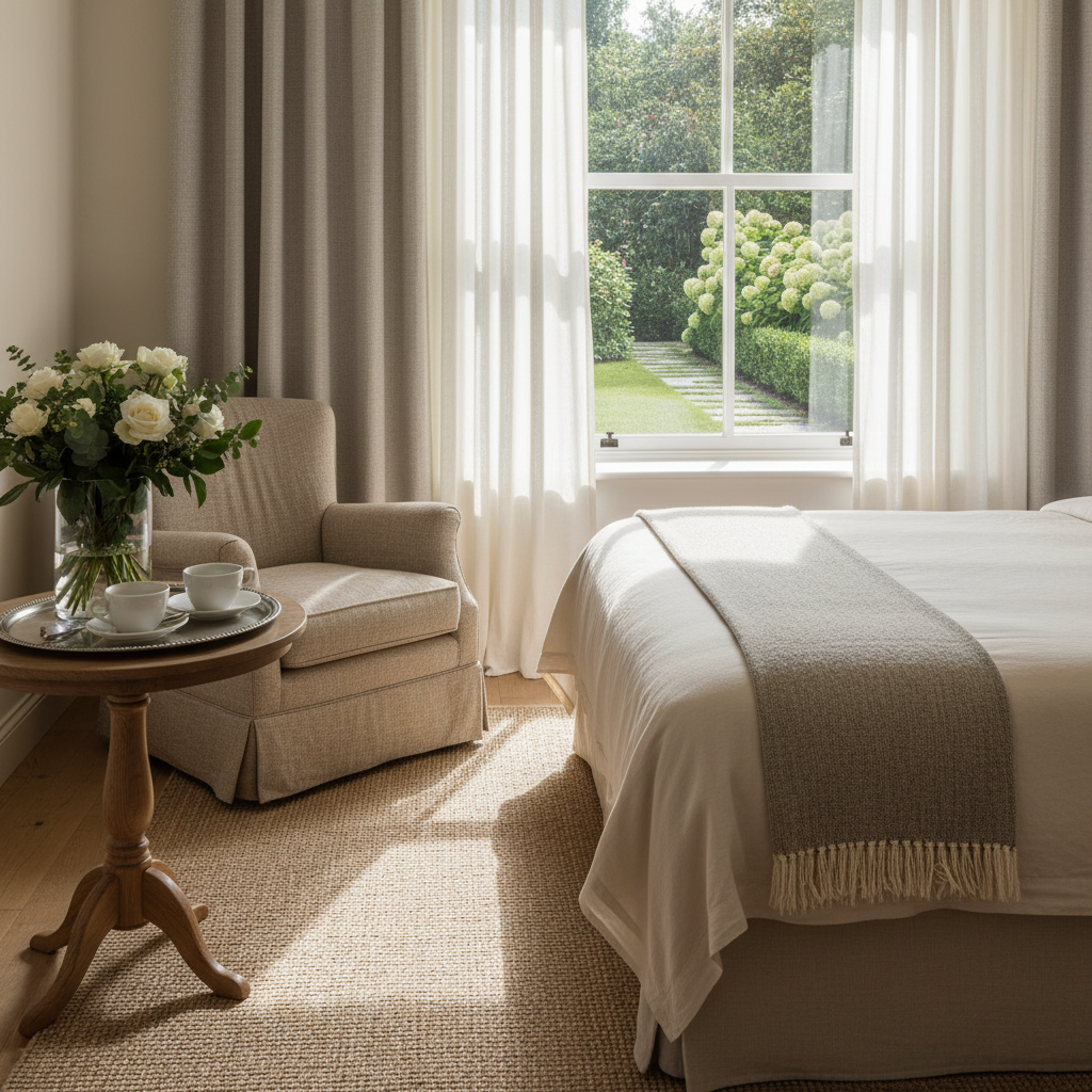 Elegancki pokój gościnny na parterze z wygodnym łóżkiem, małym stolikiem i fotelem. Na stoliku stoi wazon ze świeżymi kwiatami i taca z filiżankami. Przez okno widać fragment zadbanego ogrodu. Wnętrze jest jasne, utrzymane w ciepłych, neutralnych barwach, co tworzy przyjazną i gościnną atmosferę.