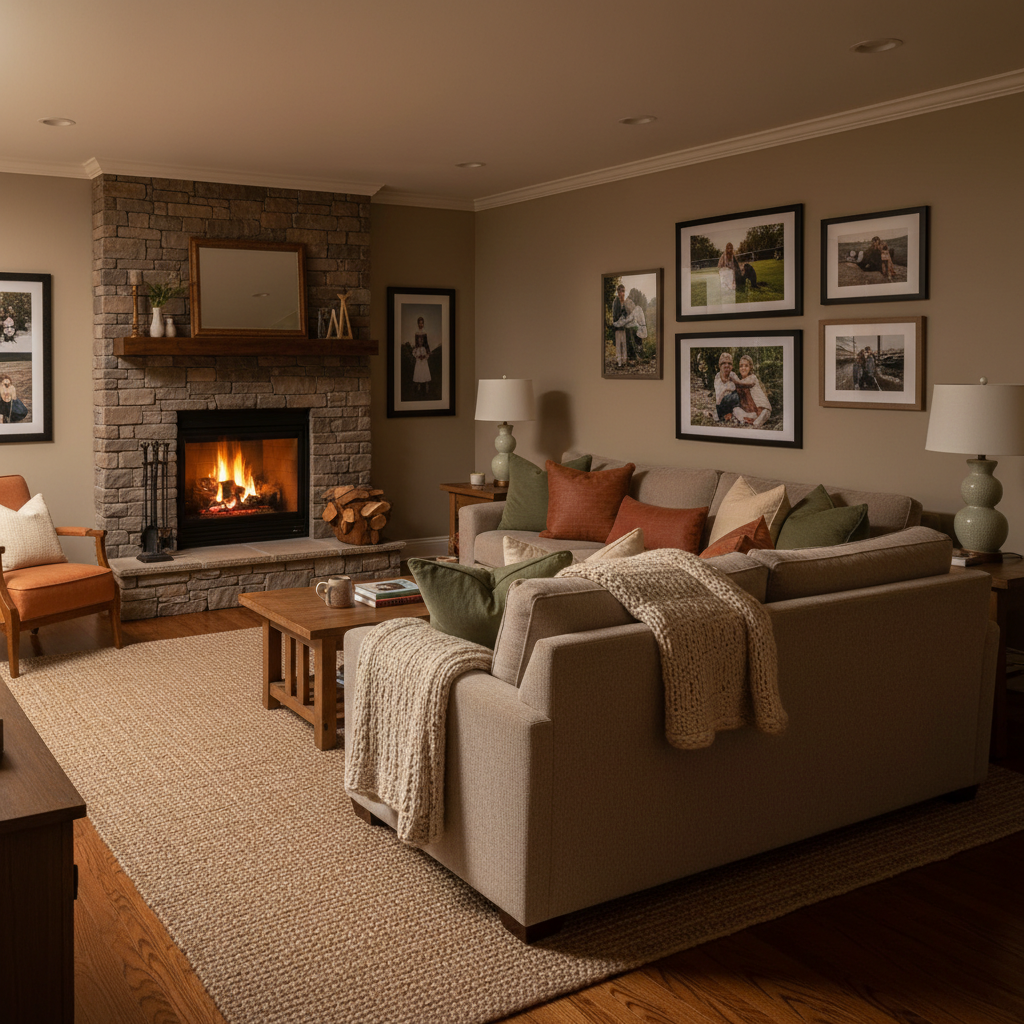 Szerokie ujęcie salonu skąpanego w ciepłym, wieczornym świetle. W centrum znajduje się duża, wygodna sofa z mnóstwem poduszek i grubym kocem. W tle widać kominek z delikatnie palącym się ogniem, a na ścianach wiszą ramki ze zdjęciami. Dominują ciepłe barwy ziemi i naturalne materiały.